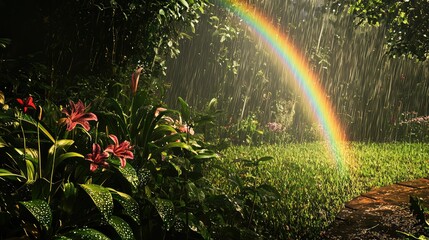 A stunning double rainbow above a tranquil garden, where the grass and flowers glisten with raindrops, creating a peaceful atmosphere. © Heng Kimhong