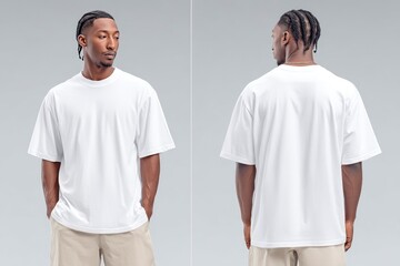 Oversized White T-Shirt On Man, Front And Back View