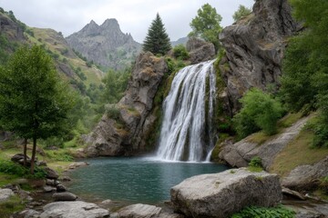 Obraz premium Serene Mountain Waterfall: Cascading Water, Lush Greenery, and Dramatic Rocks