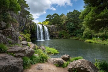 Obraz premium Serene Waterfall Cascading into Tranquil Pond: Lush Greenery, Peaceful Landscape