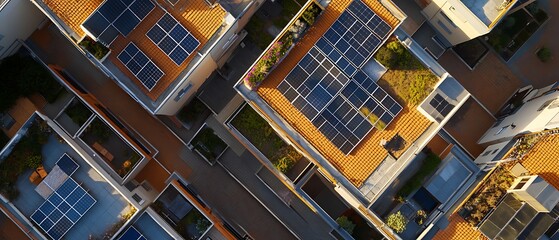 Shot from directly above, creating abstract or map-like compositions of a modern urban apartment complex with rooftop solar panels.