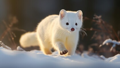 Snow marten walking in the arctic regions with green frost forest, rare animal sighting in snowy forest