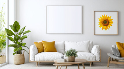 Bright and modern living room featuring white sofa with yellow cushions, round coffee table, and large potted plant. walls are adorned with blank