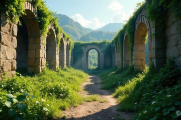 Ancient ruins overgrown with vegetation, sunlight filtering through crumbling stone structures , mystery, destruction