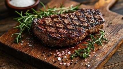 A succulent steak on a cutting board with a garnish of fresh rosemary, thyme, and a sprinkle of pink Himalayan salt.