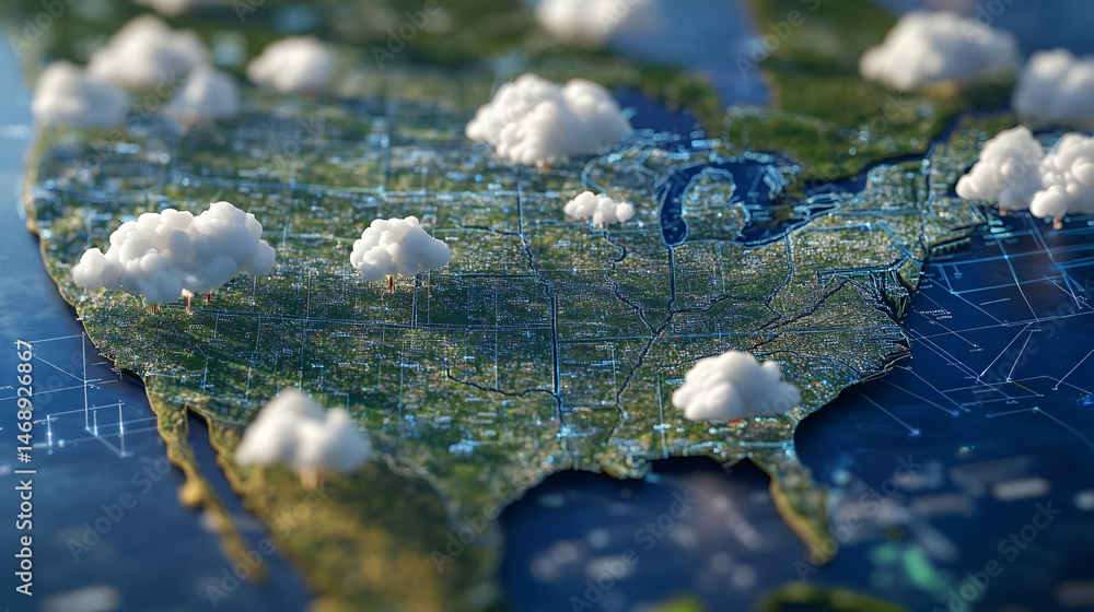 Poster 3d render of the united states map with white clouds representing cloud computing data centers