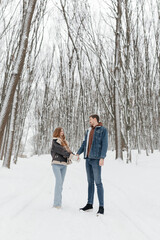 Happy couple in love on a walk in a winter park. Smiling couple holding hands walking through a snowy forest.