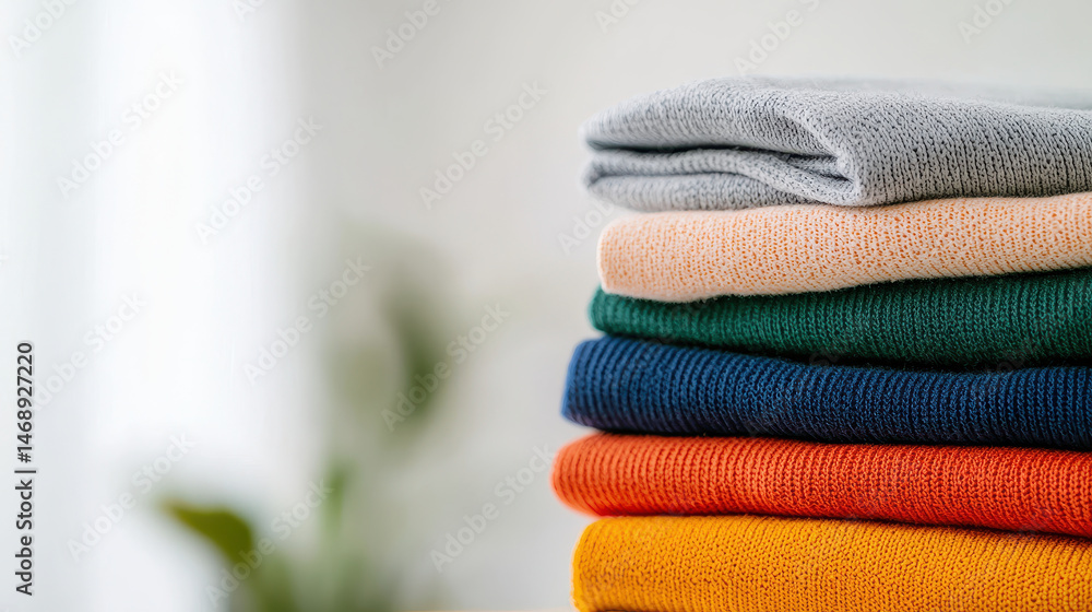 Poster soft background with neatly folded colorful sweaters in various shades, creating cozy and inviting a