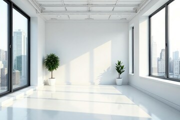 Fototapeta premium Bright, minimalist white office interior with large windows Ideal for corporate, business, and real estate imagery , contemporary, property, modern