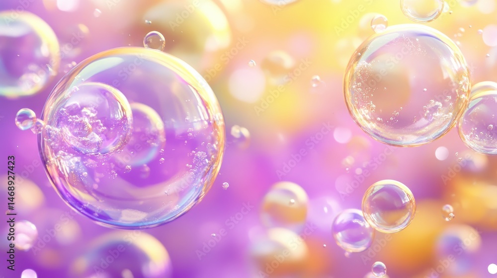 Poster purple and yellow soap bubbles in paint create an abstract design suitable for a colorful background