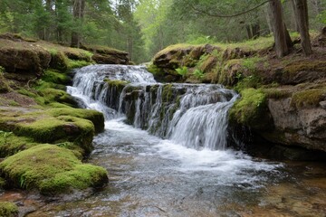 Obraz premium Serene Cascading Waterfall: Mossy Rocks and Lush Green Forest