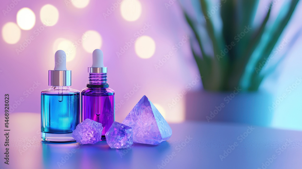Aufkleber aromatherapy setup with colorful essential oil bottles and crystals, creating calming atmosphere wit