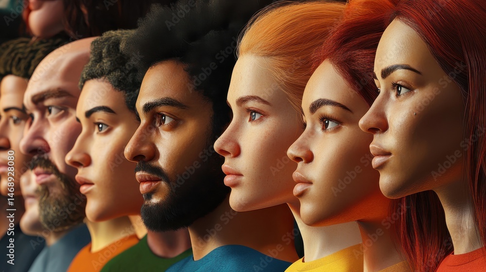 Poster the image shows a group of people of different colors and shapes. they are all looking in the same d