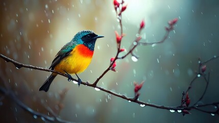 A sunbird perched on a branch, its glossy plumage reflecting the rain, as mist and fog swirl around the tree in a gentle storm.