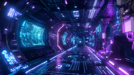 Abstract Cyberpunk Neon Tunnel: Futuristic Digital Corridor with Glowing Purple and Blue Lights