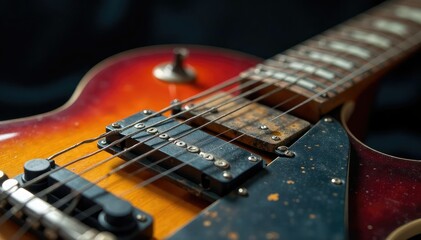 Fototapeta premium Close-up of a worn blues guitar, showing details of the fretboard and body , vintage, close-up, detail