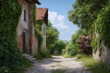 Obraz premium Ivy-Covered Village Lane: A Rustic, Sunlit Scene