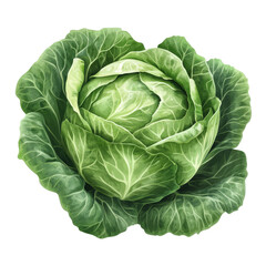 Fototapeta premium Fresh green cabbage isolated on a transparent background showcasing its vibrant leaves and natural texture, green cabbage isolated on transparent background