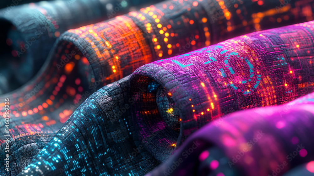 Aufkleber abstract digital data flow: vibrant neon waves and glowing circuit patterns
