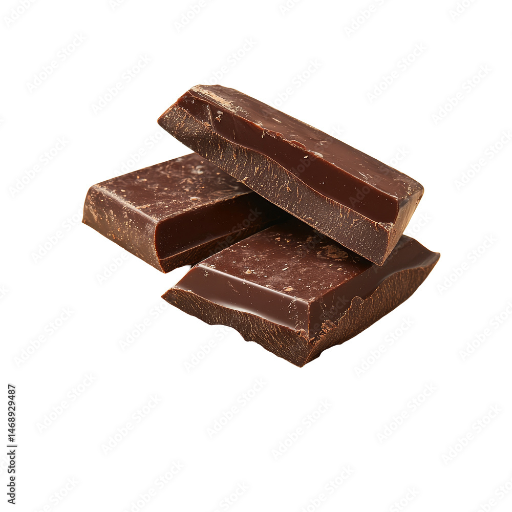 Poster rich dark chocolate pieces stacked on cocoa beans against a soft, pale background showcasing the exq