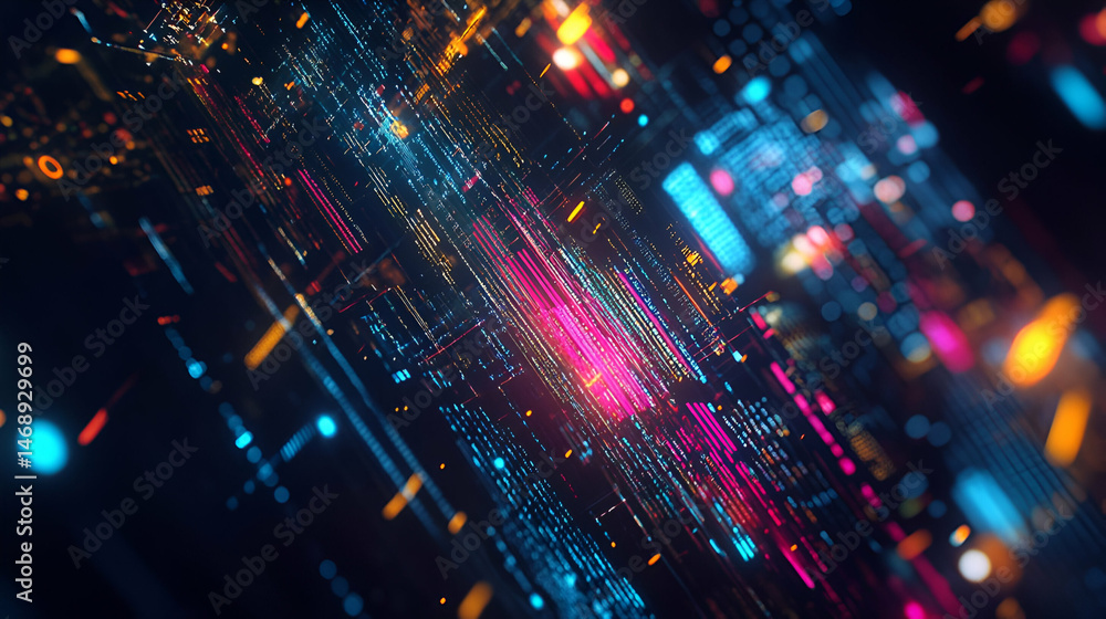 Poster abstract digital data stream with glowing particles and neon colors