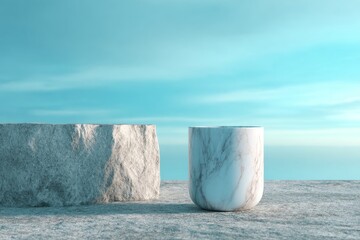 Digital rendering of two stone podiums against a tranquil sky.
