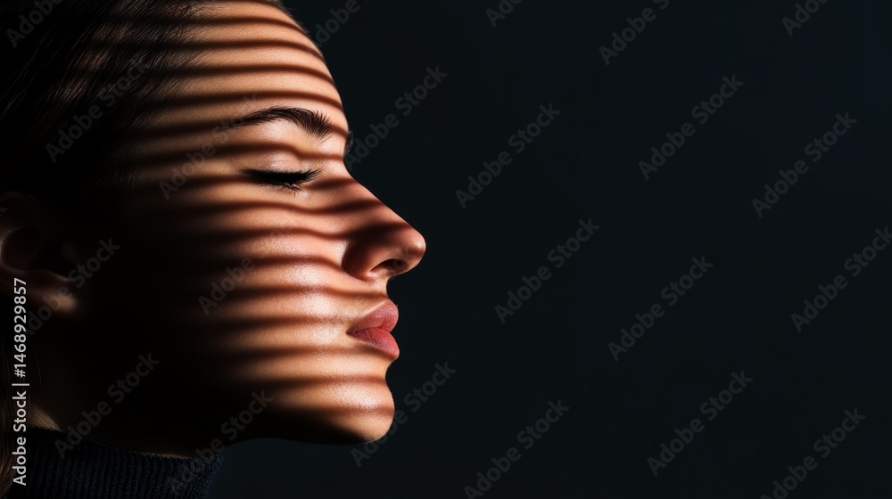 Poster shadows cast on a woman's profile create a striking visual effect in a studio setting with dramatic 