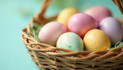 Naklejka premium Close-up of pastel-colored Easter eggs in a basket Perfect for spring, Easter, and holiday themes , celebration, egg hunt, close-up