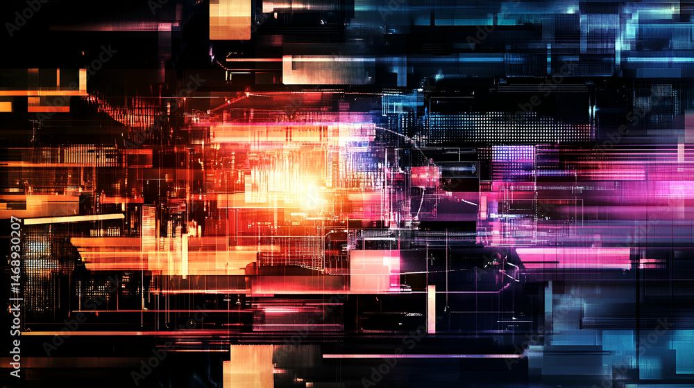 Poster abstract digital network background with bright neon colors and dynamic shapes
