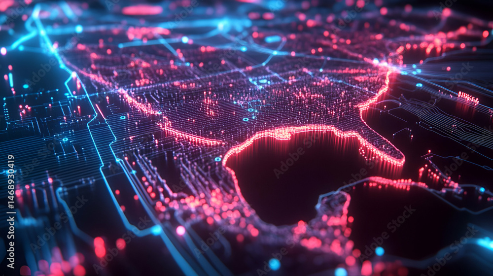Poster abstract digital network map with glowing red and blue lines