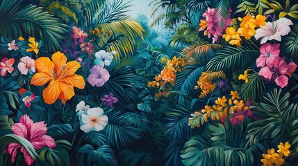 Abstract art piece showcasing a paradise garden with vibrant leaves and blossoms, painted in a contemporary style