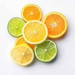 citrus fruit slices (lemon, lime, orange) arranged in circular pattern, top-down view, pure white surface.