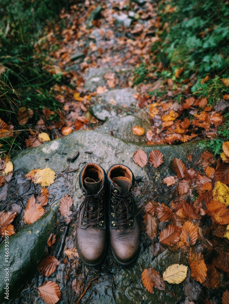 Poster Exploring a Forest Path With Boots Resting on a Rocky Surface Covered in Scattered Twigs and Colorful Autumn Leaves Generative AI