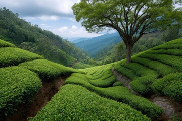 Serene Tea Plantation Landscape: Rolling Hills and a Solitary Tree