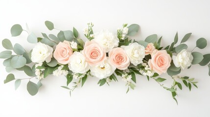 Obraz premium elegant arrangement of pastel roses, peonies, and eucalyptus leaves stretched across white surface, top-down flat lay, minimal modern floral styling, soft natural shadows.