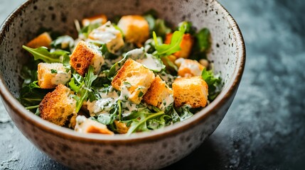 Fresh green salad with croutons and creamy dressing.