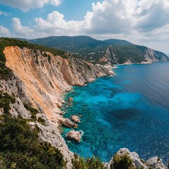 Fototapeta premium Breathtaking coastal view of cliffs meeting turquoise waters in a serene landscape