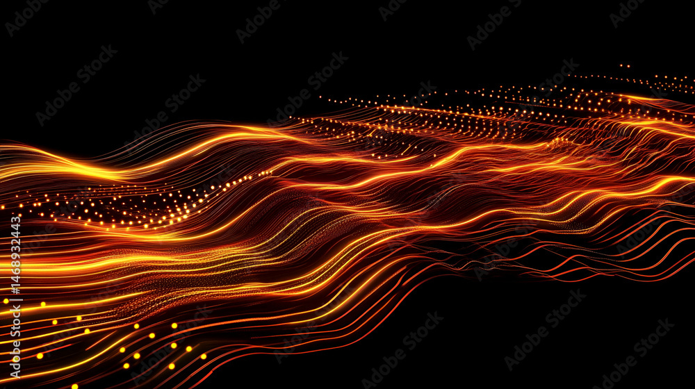 Poster abstract glowing orange and red particle wave on dark background