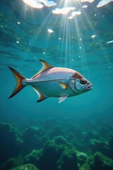 Tightly packed trevally, sunlight dappled water, school, nature