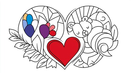 Heart-shaped design with floral and animal motifs.  A coloring page with a heart shape filled with flowers, leaves and a bear, for creative expression