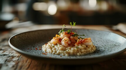 Shrimp risotto with herbs and garnish.