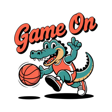 Retro style t shirt design crocodile character playing basketball