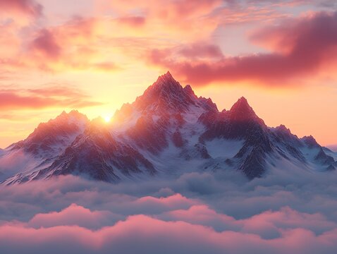 Majestic mountain peaks at sunrise shrouded in mist - Powered by Adobe