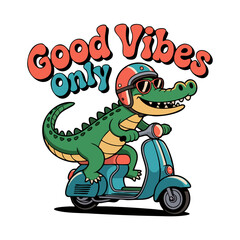 Retro style t shirt design crocodile character riding a scooter