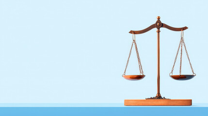 Balanced scale symbolizes justice and fairness, set against light blue background, evoking sense of calm and order