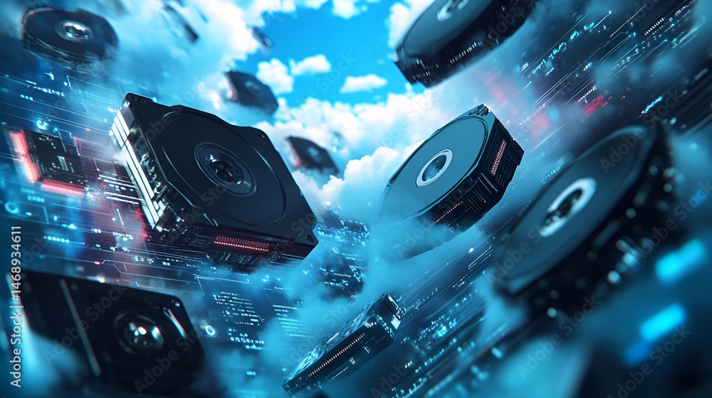 Poster abstract technology background: floating computer components in a blue sky