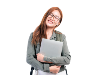 Smiling Asian woman wearing glasses holding a laptop and backpack, standing confidently and cheerfully on white background, isolated portrait of a happy female student or young professional