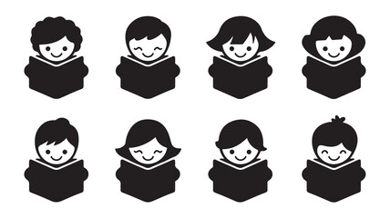 Child reading book silhouette set