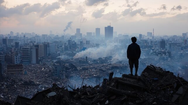 A survivor looking over a devastated city, the skyline barely recognizable under the smoke and debris of the earthquake.