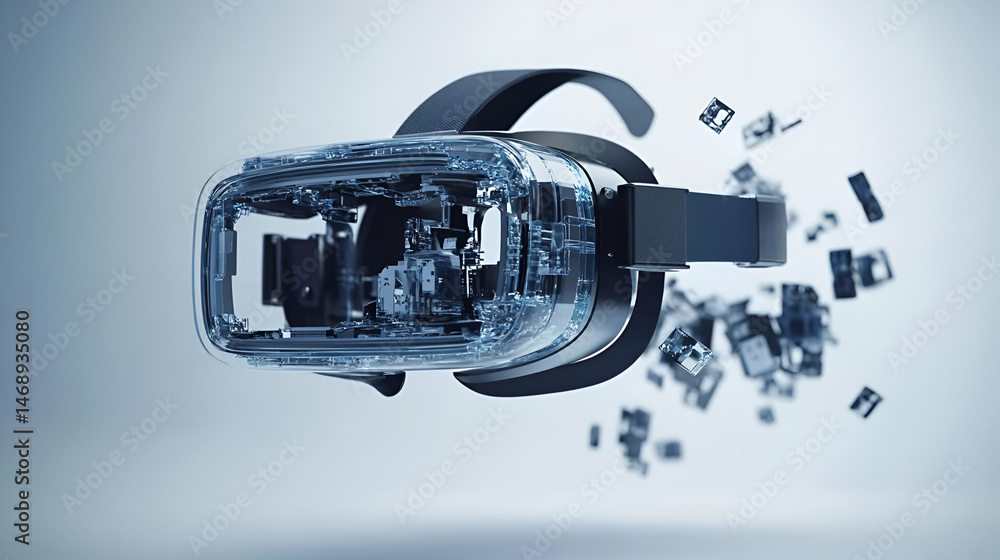 Poster abstract vr headset disintegrating into data fragments on white background